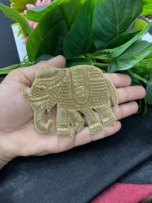 Handmade Zardozi Elephant Patch Applique for Sarees, Blouses & Dresses – Designer Embroidered Animal Motif Patch | Gold