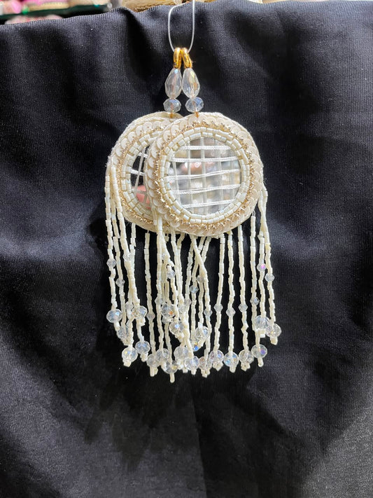 Designer Mirror Work Latkans for Blouses & Lehengas – Decorative Mirror Tassels for Ethnic Wear (6 Inch) | DC0979 | White
