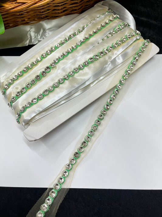 Designer Diamond Crystal Lace for Sarees, Lehengas, Dupattas & Blouses – Premium Handmade Decorative Lace Border (Half Inch) | DC1008 | Sea Green