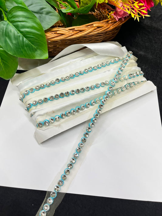 Designer Diamond Crystal Lace for Sarees, Lehengas, Dupattas & Blouses – Premium Handmade Decorative Lace Border (Half Inch) | DC1008 | Sky Blue