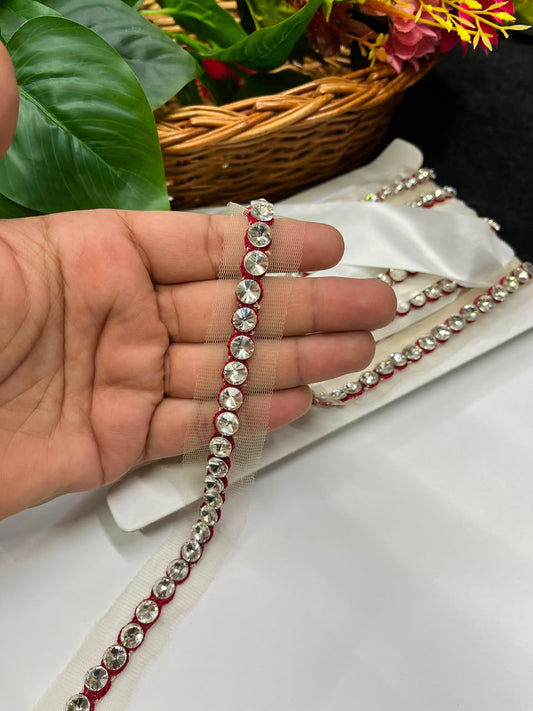 Designer Diamond Crystal Lace for Sarees, Lehengas, Dupattas & Blouses – Premium Handmade Decorative Lace Border (Half Inch) | DC1008 | Maroon