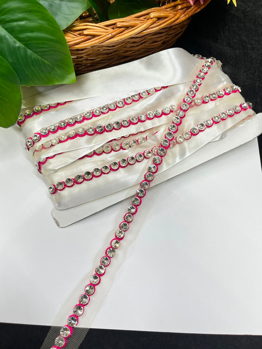 Designer Diamond Crystal Lace for Sarees, Lehengas, Dupattas & Blouses – Premium Handmade Decorative Lace Border (Half Inch) | DC1008 | Rani Pink