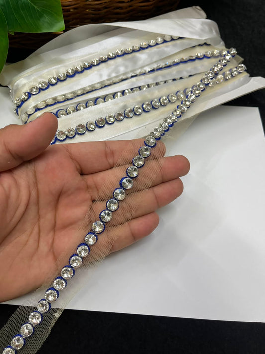 Designer Diamond Crystal Lace for Sarees, Lehengas, Dupattas & Blouses – Premium Handmade Decorative Lace Border (Half Inch) | DC1008 | Navy Blue