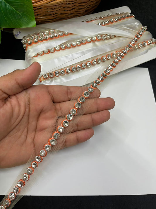 Designer Diamond Crystal Lace for Sarees, Lehengas, Dupattas & Blouses – Premium Handmade Decorative Lace Border (Half Inch) | DC1008 | Peach