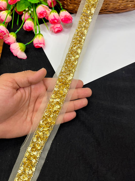 Beautiful Sequence Embroidered Lace for Sarees, Dresses, Lehengas & Dupattas – Designer Gold Embroidery Lace Border (1 Inch) | DC1039 | Gold
