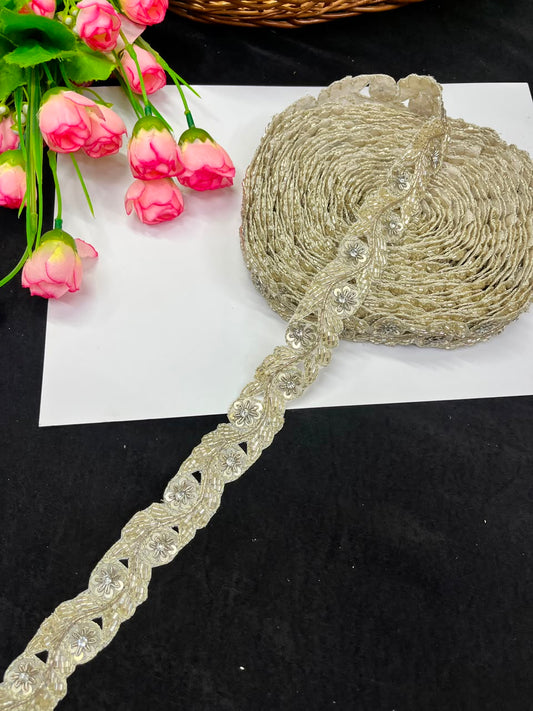 Handmade Cutdana Pipe Work Lace for Sarees, Lehengas, Dresses & Dupattas – Premium Handcrafted Embellished Lace Border (1 Inch) | DC1040 | Pani Gold