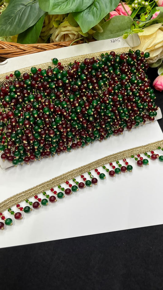Crystal Latkan Lace for Blouses, Dupattas, Sarees & Lehengas – Designer Hanging Crystal Lace Border (1 Inch) | DC1064 | Maroon with Green