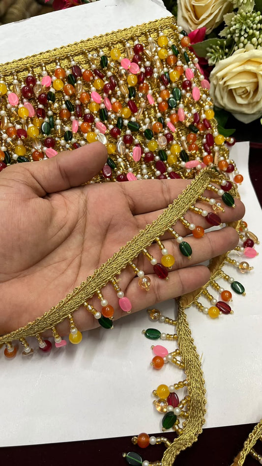 Multicoloured Glass Bead Hanging Latkan Lace for Sarees, Lehengas, Dupattas & Blouses – Designer Beaded Lace Border (1.5 Inch) | DC1082 | Multi