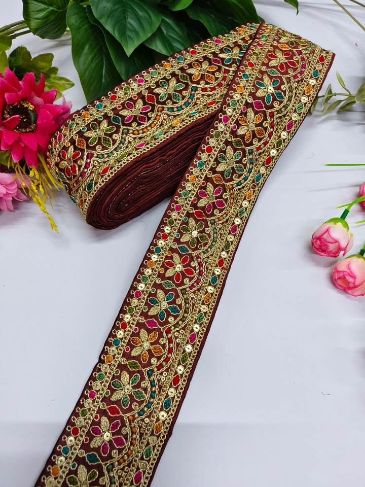 Embroidery Zari Work With Multi Thared Sabhyasachi Laces Saree Dupattas Borders – Premium Quality for Sarees, Lehengas, Dresses and Crafts Decoration - Marron With Multi