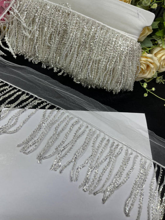 Sequence Fringe Lace | Western Imported Lace | Tassels Lace – Premium Designer Border Trim for Sarees, Lehengas & Gowns (9 Meter, 4 Inch Width) | White