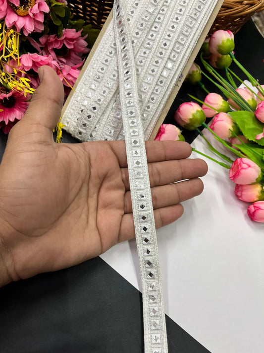 Beautiful Cotton Mirror Lace – 9 Meter Decorative Trim for Ethnic Outfits | White