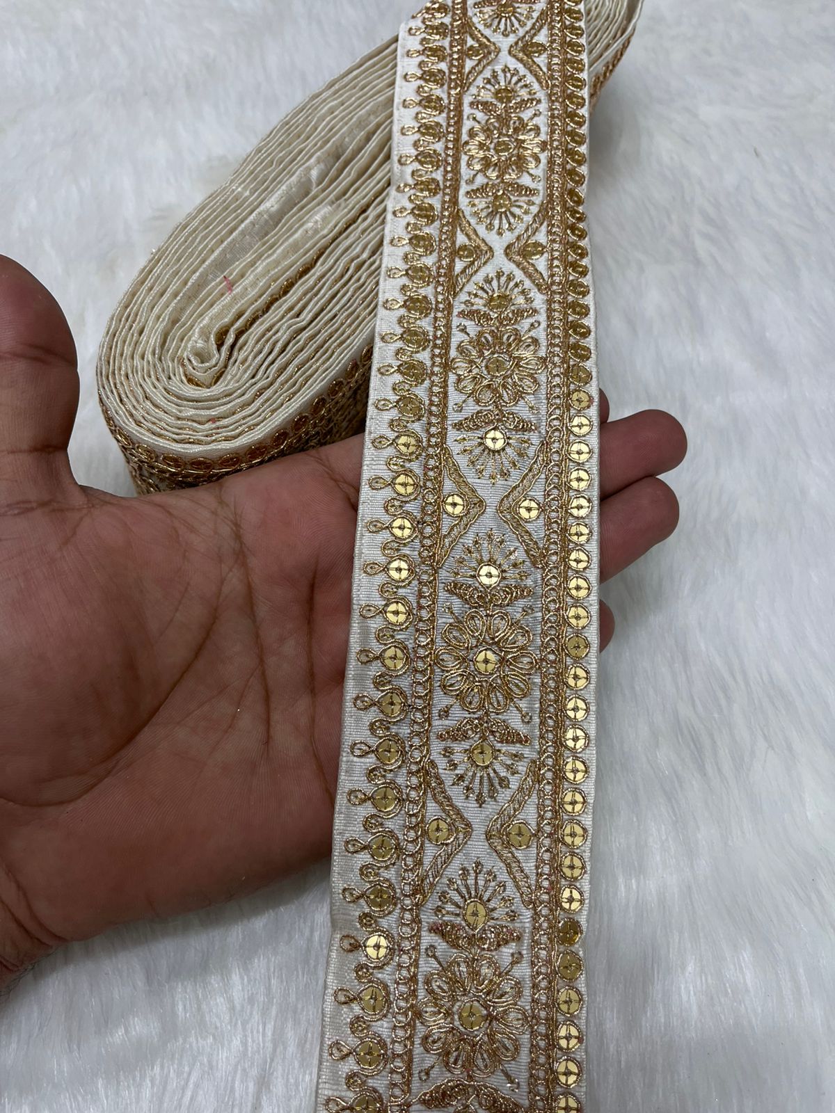 Embroidered Zari Lace – Indian Wedding Trims, Saree Border, 2 Inch Wide Lace Reel (9 Mtr) | White