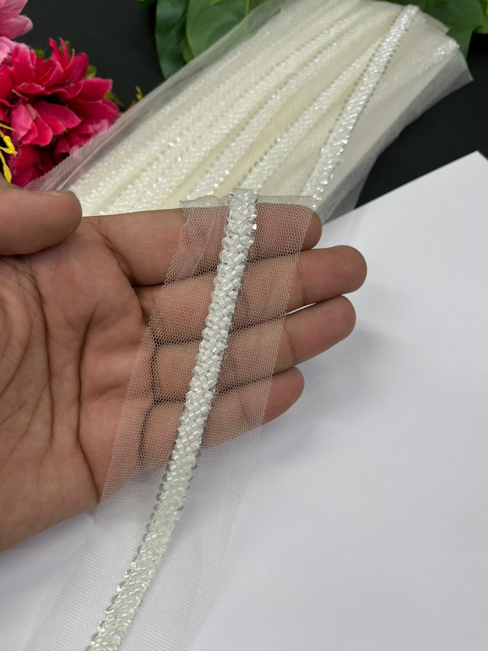 Imported Beaded Lace Trims – Premium Half-Inch Designer Lace for Sarees, Dupattas, Lehengas & Couture Wear (9 Meter) | White