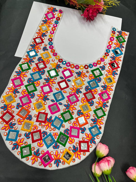 Navratri Special Real Mirror Work Neck Patch – Decorative Embellishment for Kurtis, Dresses, and Tops | White