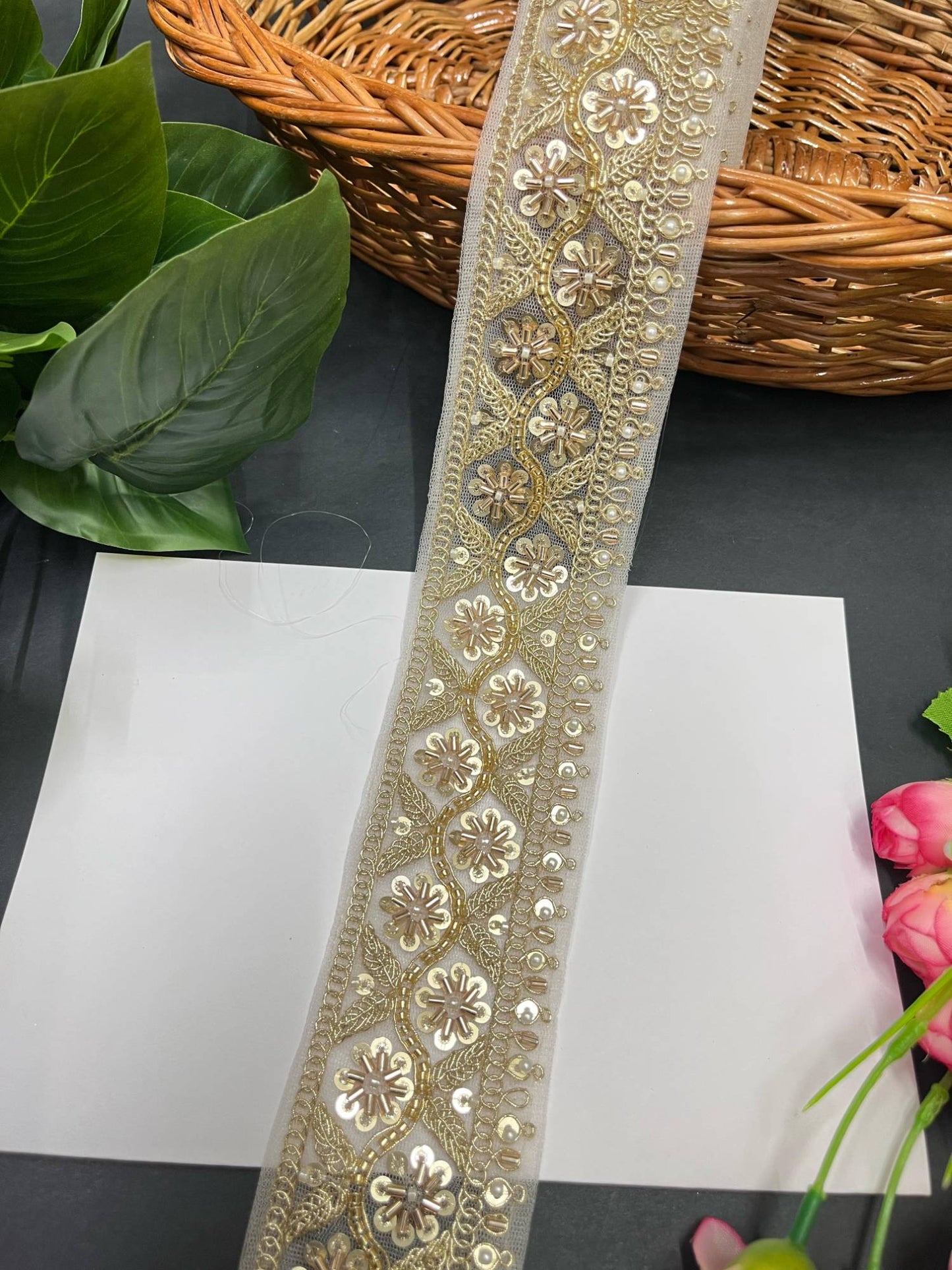 Katdana and Beaded Saree Lace – 9 Meters, 2.5-Inch Maggam Work Embroidered Border for Lehengas & Dupattas | White