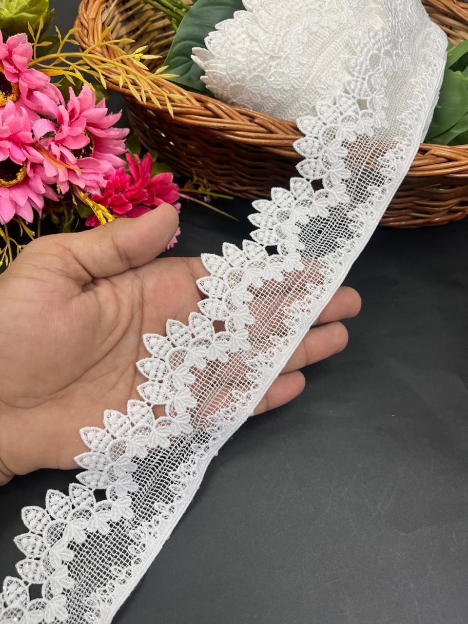 Pure White Cutwork Style Imported Laces – Premium Polyester Lace Border for Sarees, Dupattas, Dresses & Craft Projects (9 Meter, 2.5 Inch Width) | White