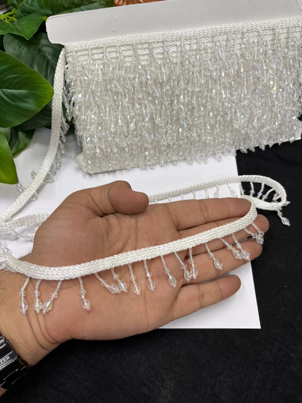 Beautiful Crystal Hanging Lace – Premium Designer Latkan Lace | White