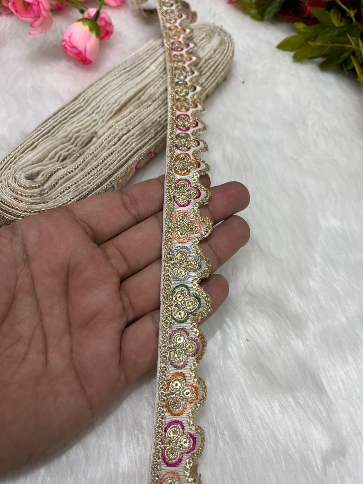 Sabyasachi-Inspired Multicoloured Designer Embroidered Trims – 9 Meter Roll, 1 Inch Wide for Crafting & Fashion | White