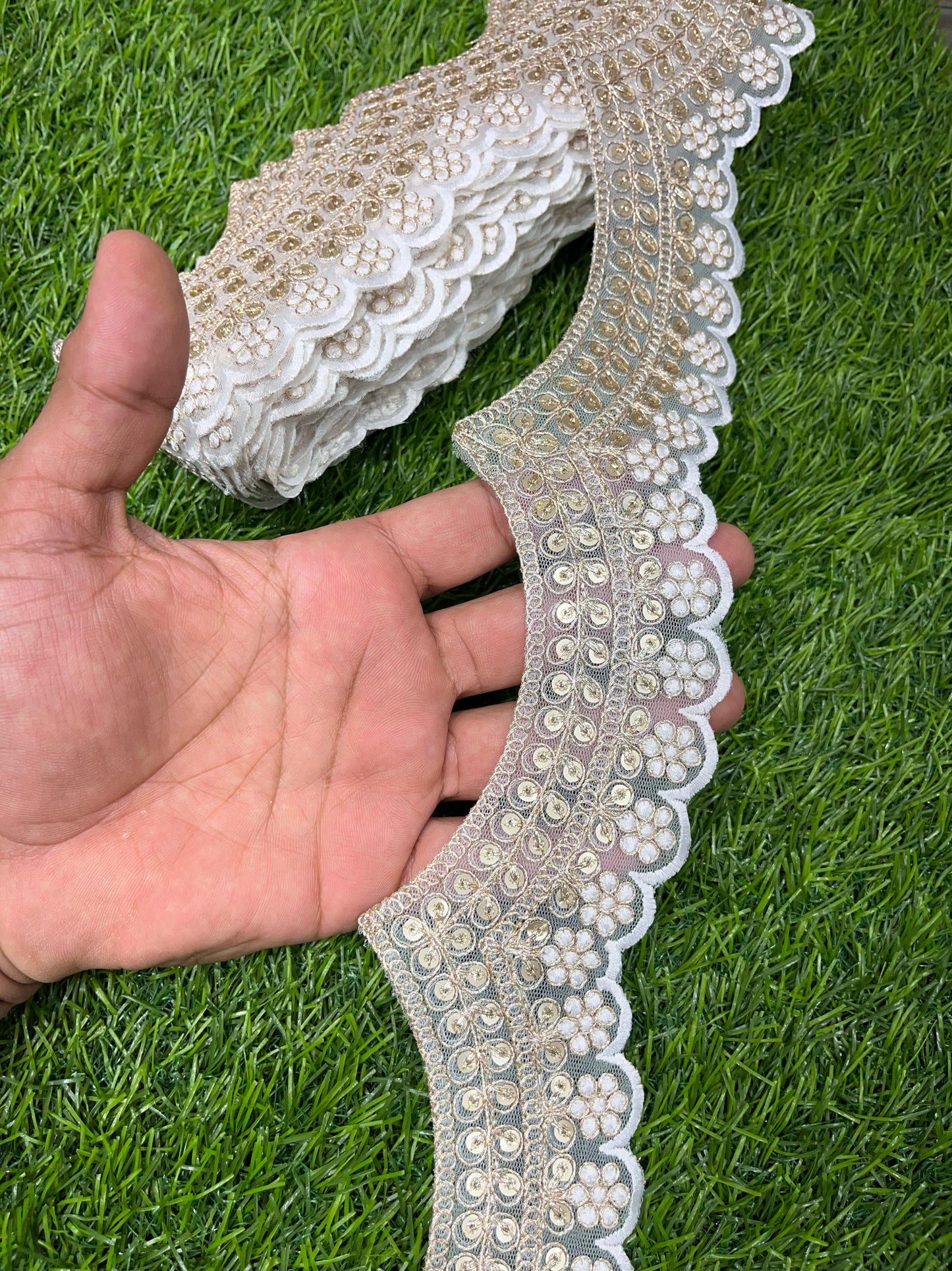 Embroidery Scallop Lace | Sequins Embellishment Trim | Craft Decorative Saree Lace – 9 Meters, 2-Inch Width | White