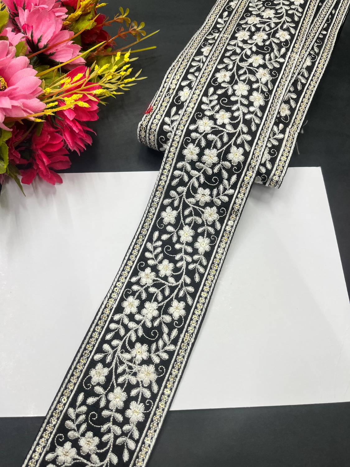 Exclusive Parsi Gara Work Lace & Border – Thread Embroidered Decorative Lace for Sarees, Dupattas, and Dresses (9 mtr, 3 inch) | White