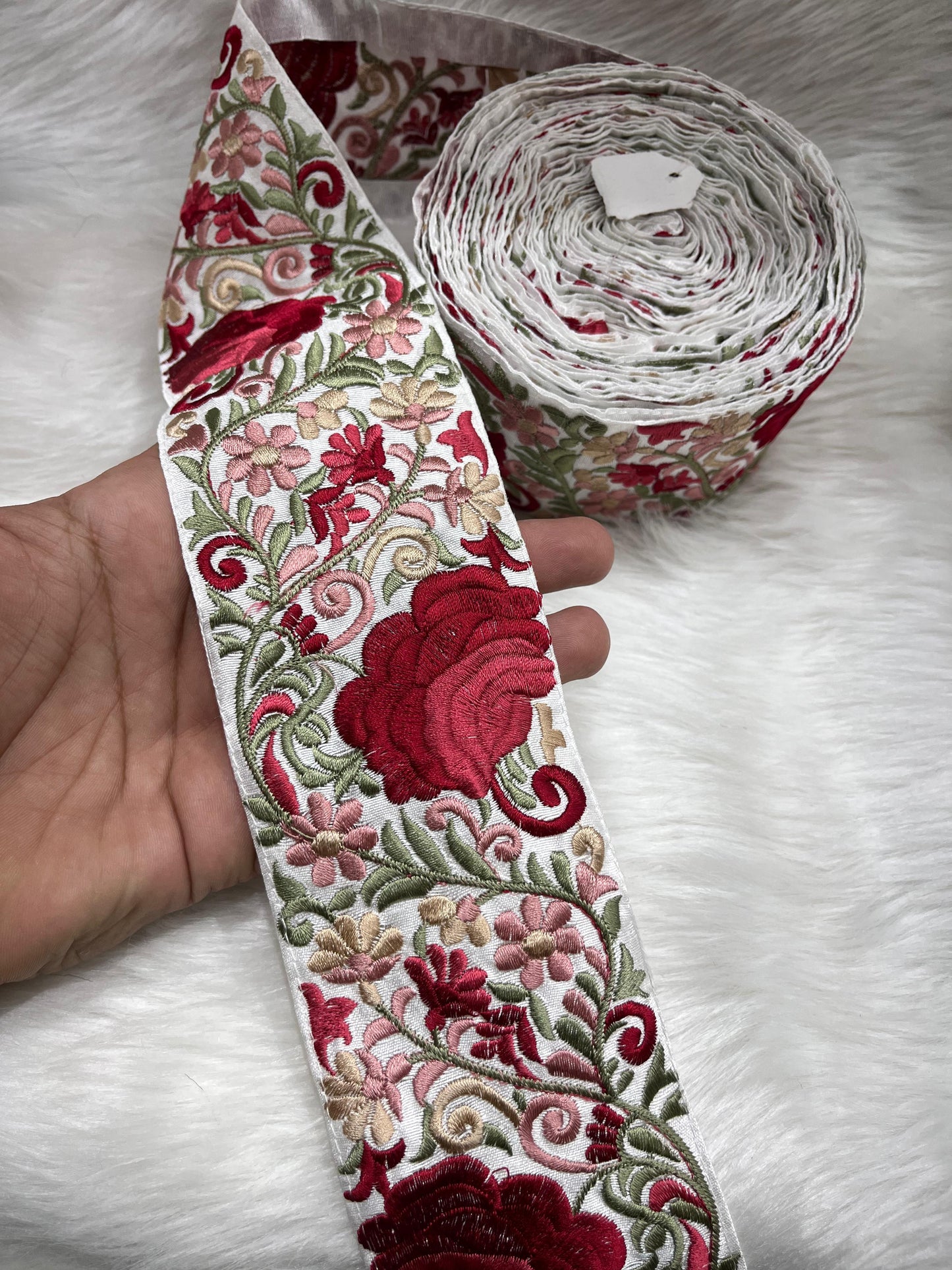 Beautiful Thread Work Parsi Lace Trim – Timeless Elegance, 9 Meters, 3-Inch Width | White