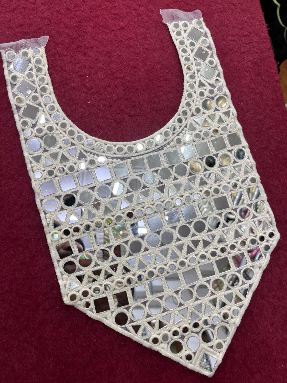 Mirror Work Neck Patch for Dresses & Kurtis – Elegant Designer Handcrafted Neck Applique | White