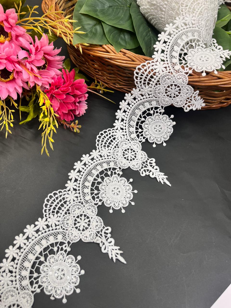 Cutwork Style Imported Laces Premium Polyester Lace Border for Sarees, Dupattas, Dresses & Craft Projects (9 Meter, 4 Inch Width) | White Cutwork Style Imported Laces Premium Polyester Lace Border for Sarees, Dupattas, Dresses & Craft Projects (9 Meter, 4 Inch Width) | White