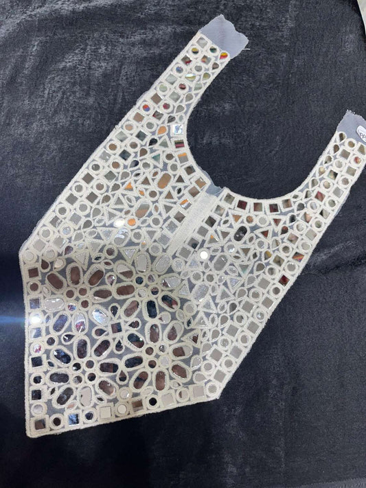 Real Mirror Work Neck Patch for Navratri Kurtis, Dresses & Tops – Handcrafted Design | White