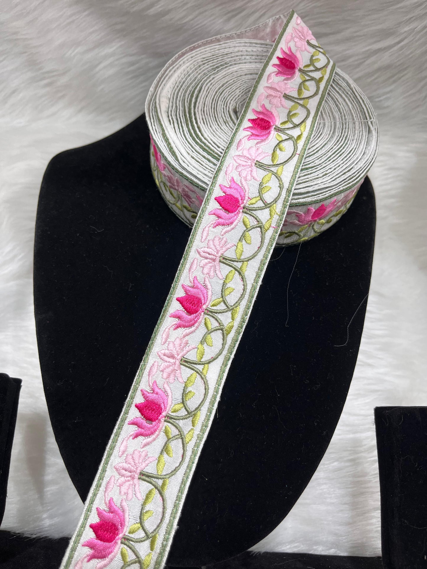 Parsi Work Flower Thread Embroidered Lace – 9 Meters, 1.5-Inch Width, Handcrafted Border Trim | White