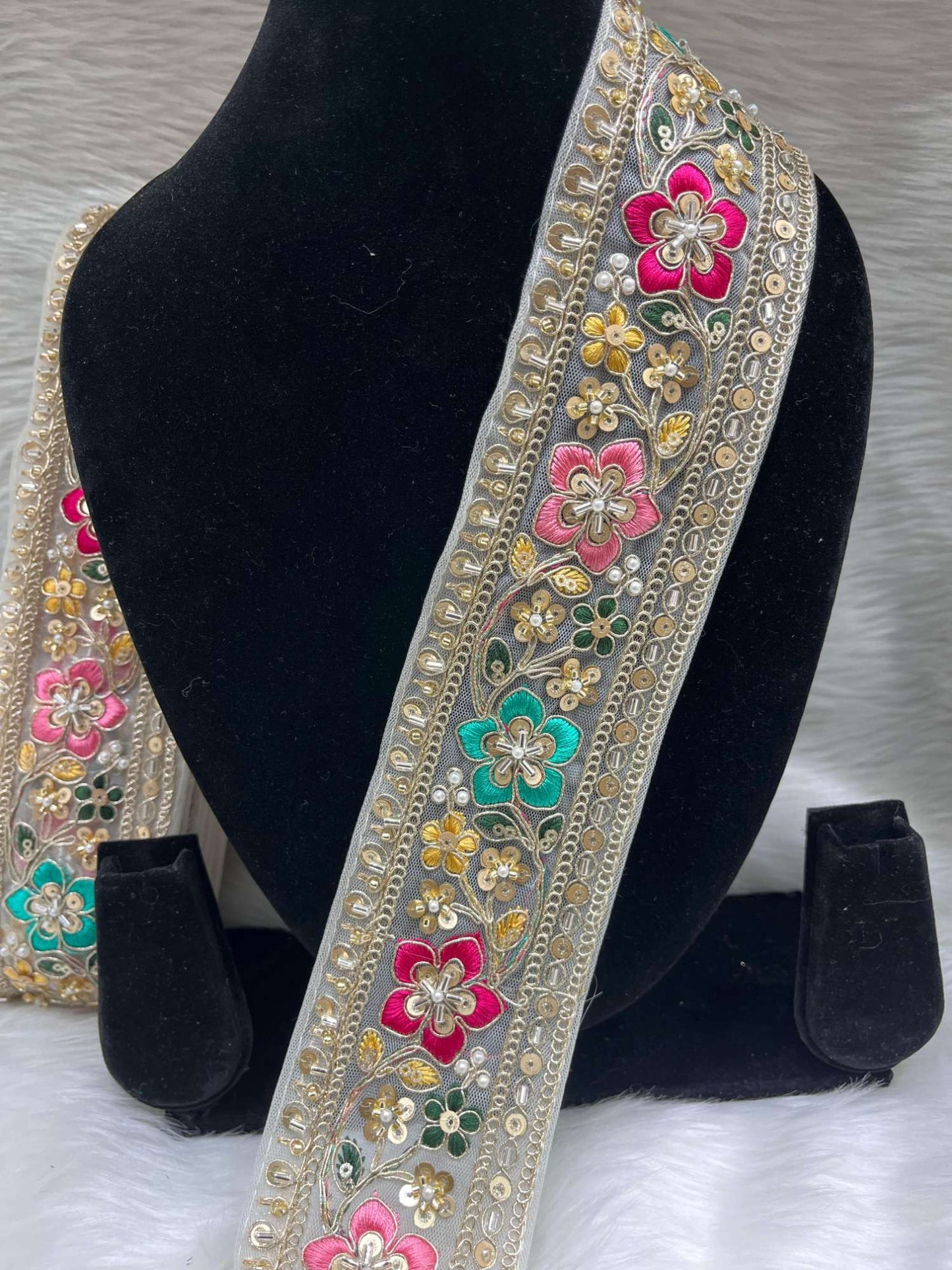 Embroidered Beaded Sequins Lace Borders on Net Fabric – 9 Meters, 2.5-Inch Maggam Work Trim for Sarees & Lehengas | White