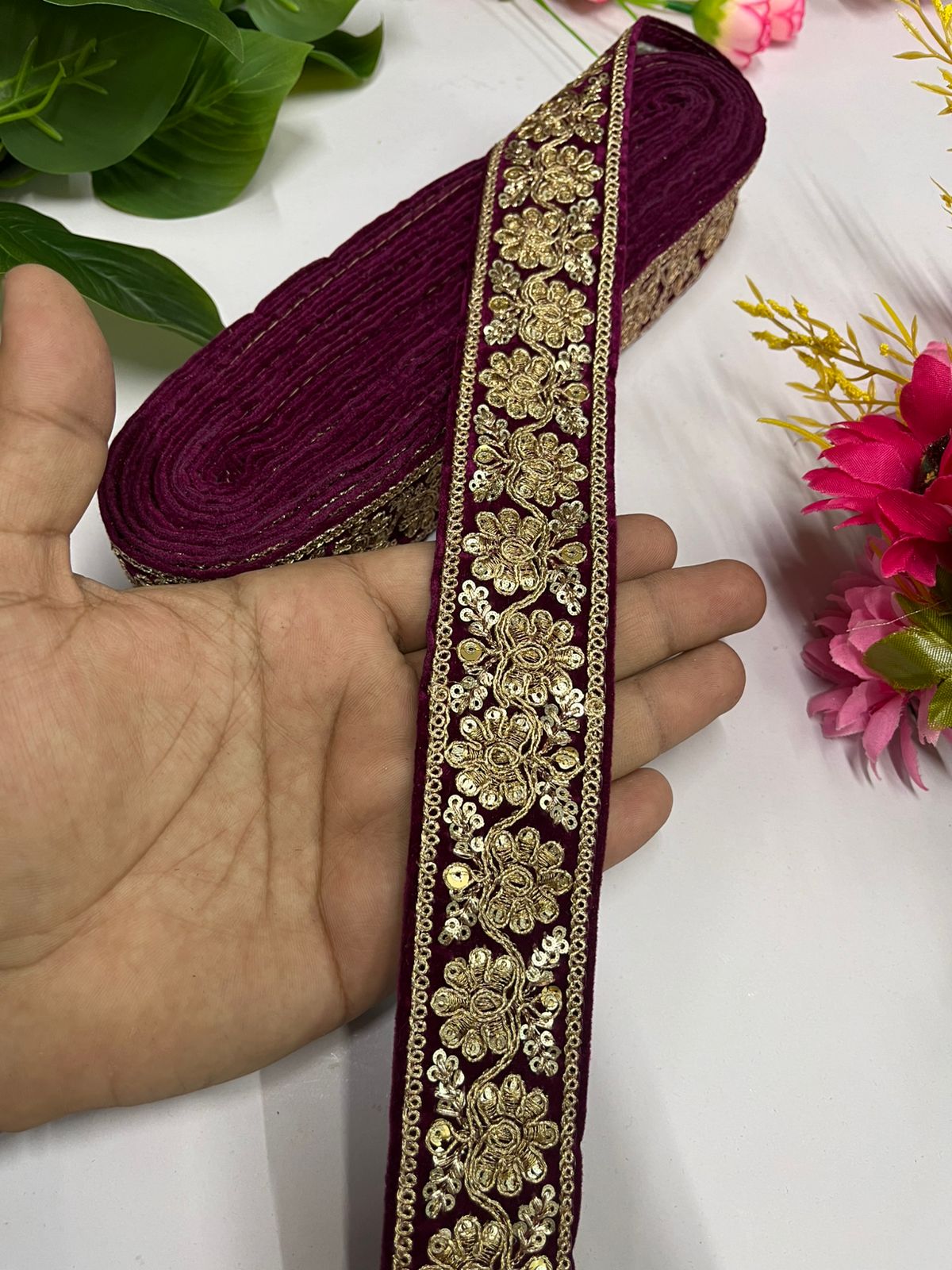 Velvet Saree and Dupatta Lace | Gold Embroidered Velvet Fabric Designer Lace (9 Mtr) | Wine