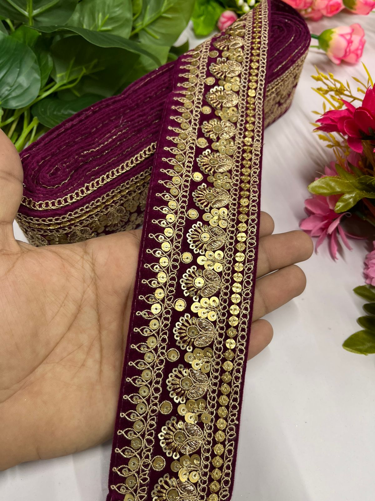 Gold Zari Sequins Embroidered Velvet Lace Border | Velvet Designer Lace (9 Mtr) | Wine