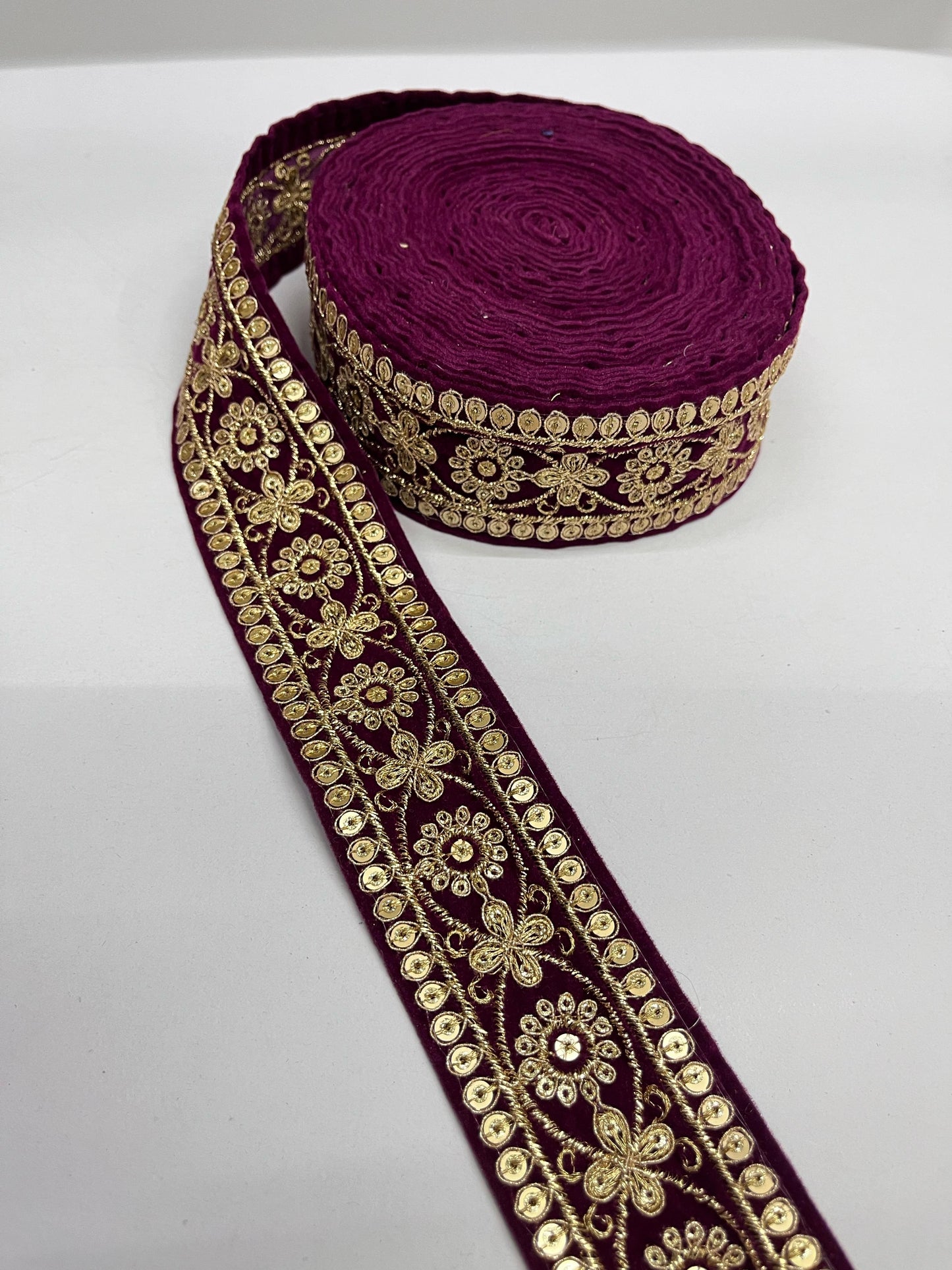 Gold Zari Velvet Sequin Embroidered Lace Border – 9 Meters, 2-Inch Width | Wine