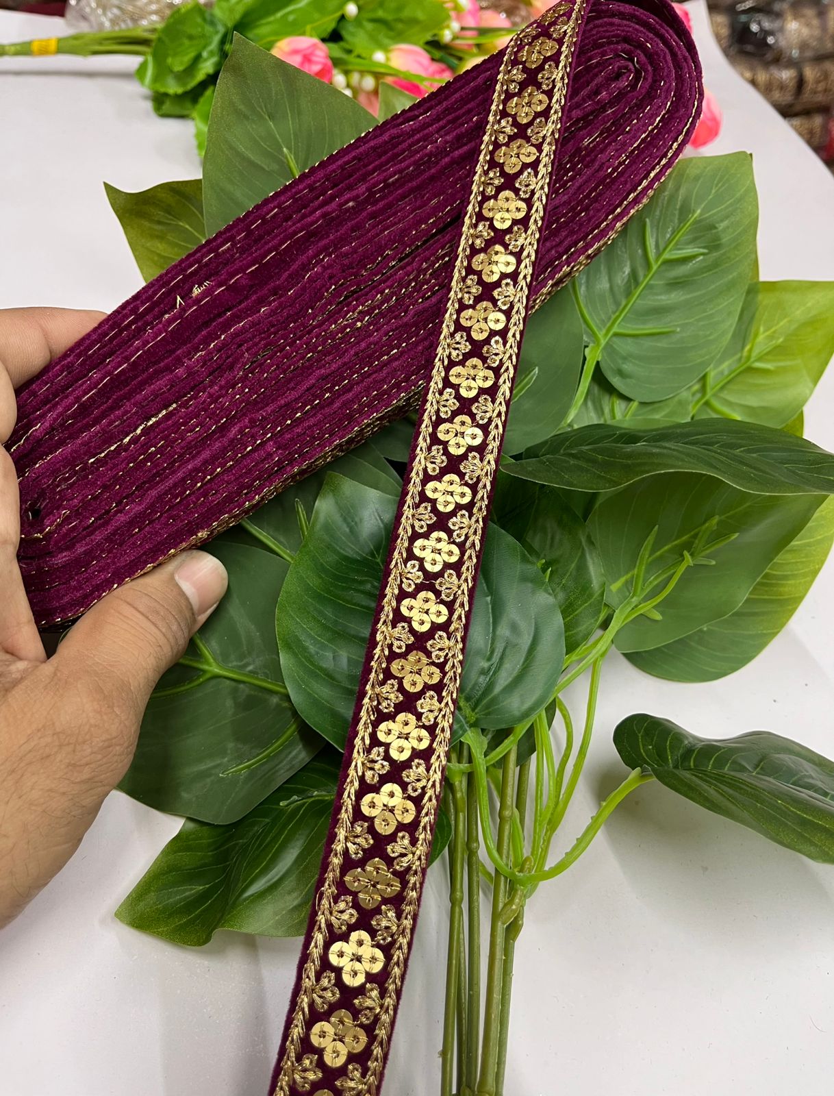 Zari Sequins Embellished Velvet Embroidered Saree Lace | Sari Velvet Fabric Lace Border (9 Mtr) | Wine