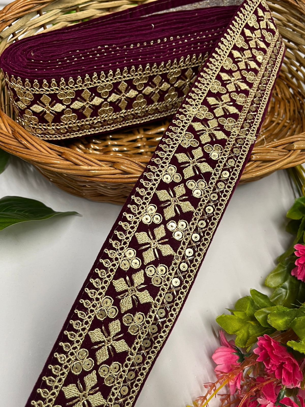 Zari Sequins Embellished Velvet Embroidered Saree Lace | Velvet Fabric Lace Border (9 Mtr) | Wine