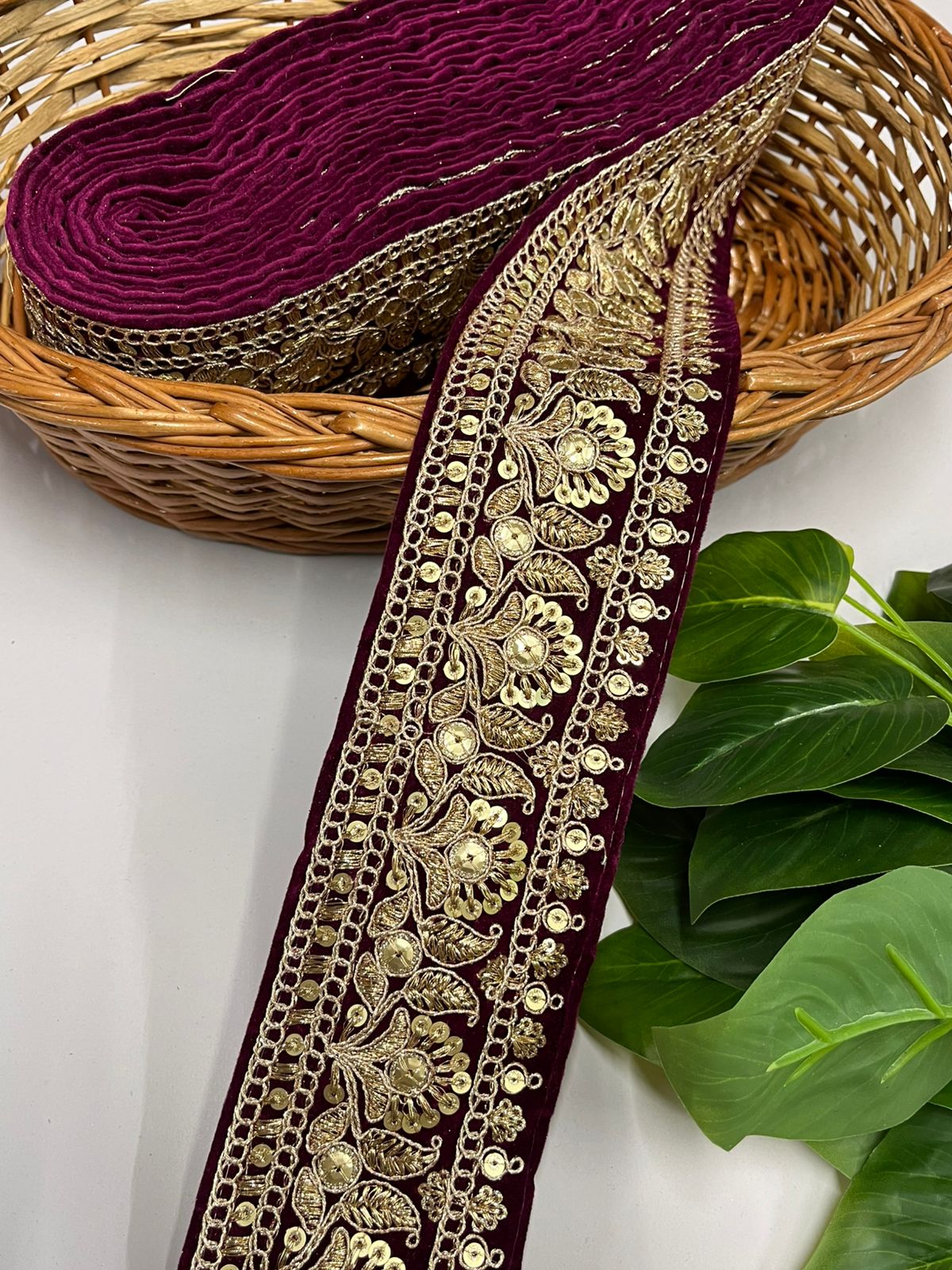 Gold Zari Embroidered Velvet Fancy Dress Lace | Velvet Lace Design (9 Mtr) | Wine