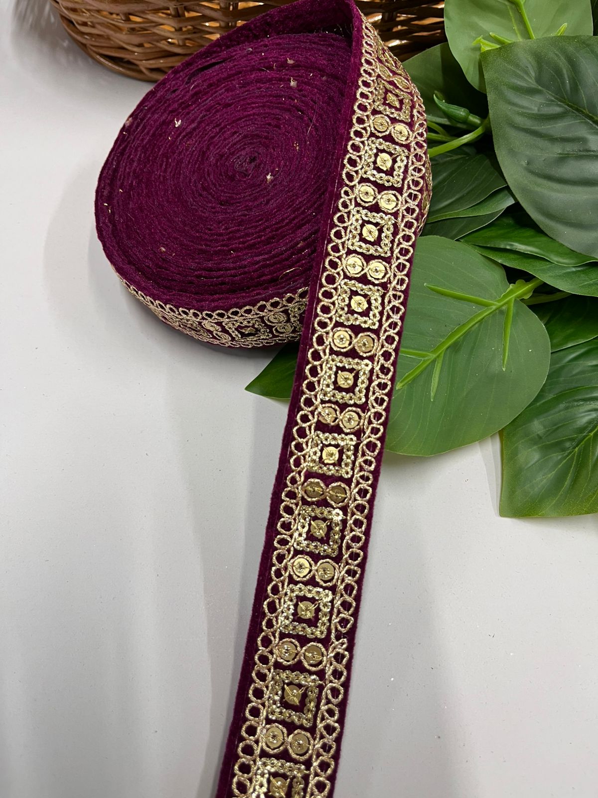 Velvet Saree Lace Trim | Indian Velvet Embroidered Lace Border for Saree and Dupatta (9 Mtr) | Wine