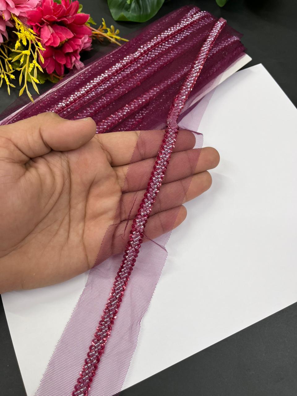 Imported Beaded Lace Trims – Premium Half-Inch Designer Lace for Sarees, Dupattas, Lehengas & Couture Wear (9 Meter) | Wine