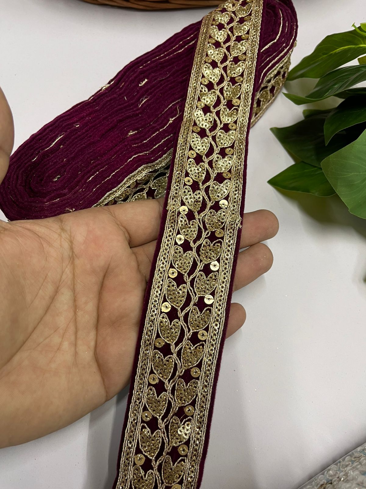 Zari Sequins Embellished Velvet Embroidered Saree Lace | Sari Velvet Fabric Lace Border (9 Mtr) | Wine