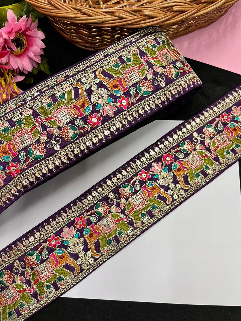 Beautiful Elephant Design Embroidered Zari Saree Lace – Premium Designer Embroidered Lace | Wine