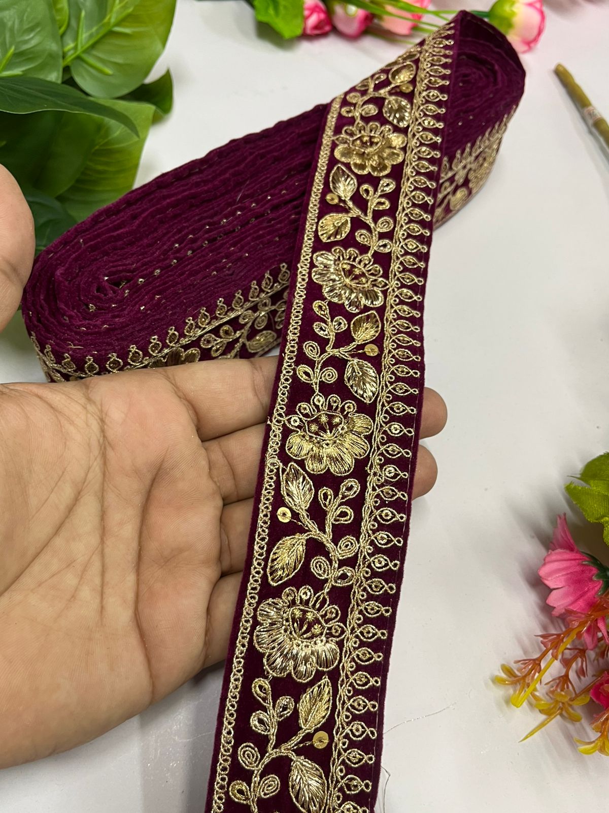 Zari Sequins Embellished Velvet Embroidered Saree Lace | Velvet Fabric Lace Border (9 Mtr) | Wine