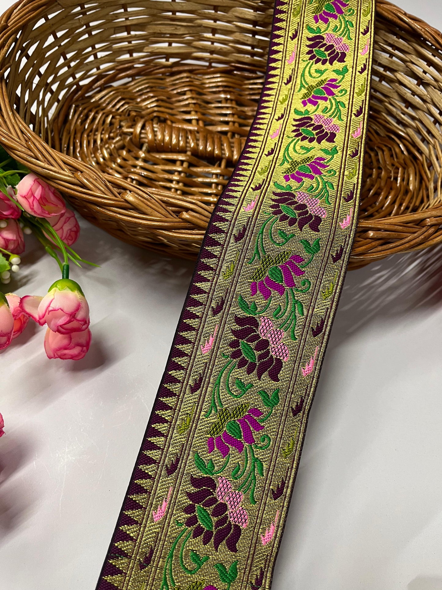 Flower & Leaf Banarasi Saree Lace | Banarasi Lace – 9 Meters, 3-Inch Width | Wine