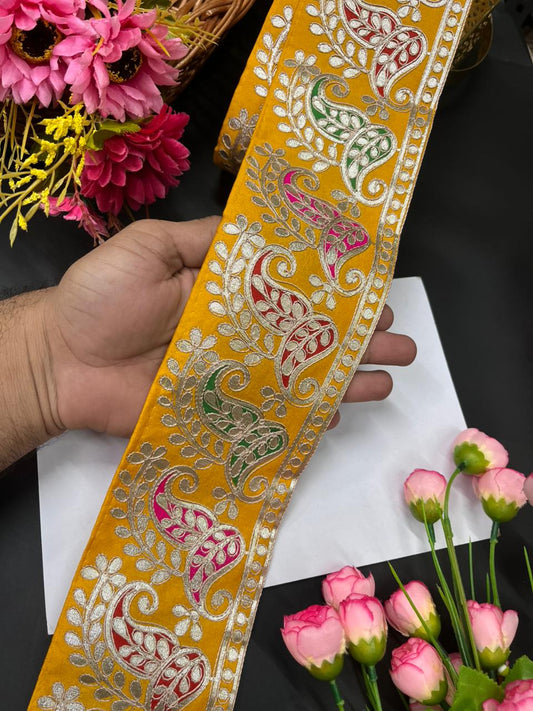 Exclusive Paisley Pure Gota Work Saree Laces – Premium Designer Border for Sarees, Lehengas & Dupattas (9 Meter, 4 Inch Width) | Yellow