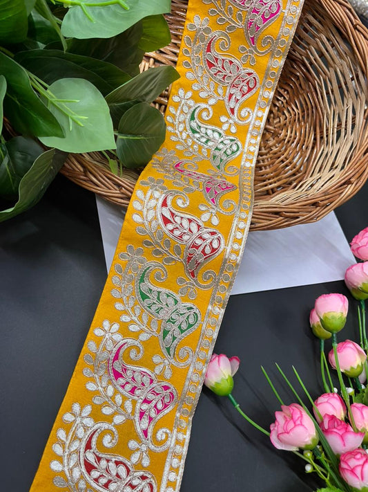 Exclusive Paisley Pure Gota Work Saree Laces – Premium Designer Border for Sarees, Lehengas & Dupattas (9 Meter, 4 Inch Width) | Yellow