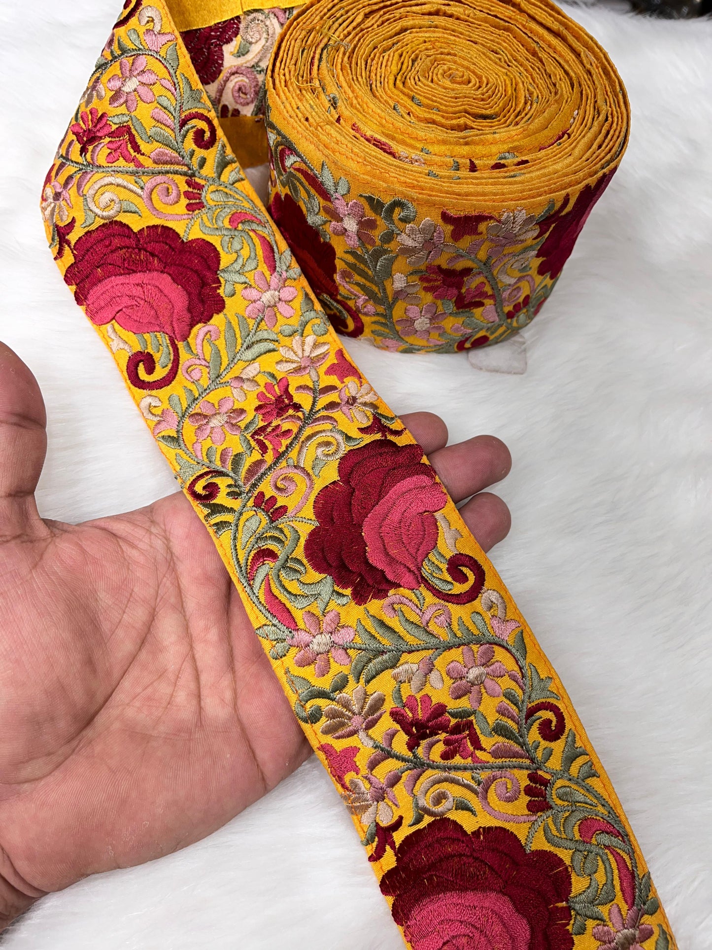 Beautiful Thread Work Parsi Lace Trim - Timeless Elegance | Yellow