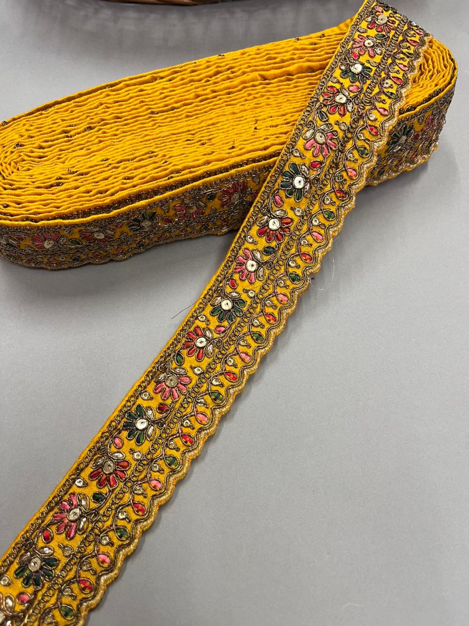 Zari Embroidered Sabyasachi Inspired Lace Border – Premium 2 Inch Designer Decorative Border for Sarees & Bridal Ethnic Wear (9 Meter) | Yellow