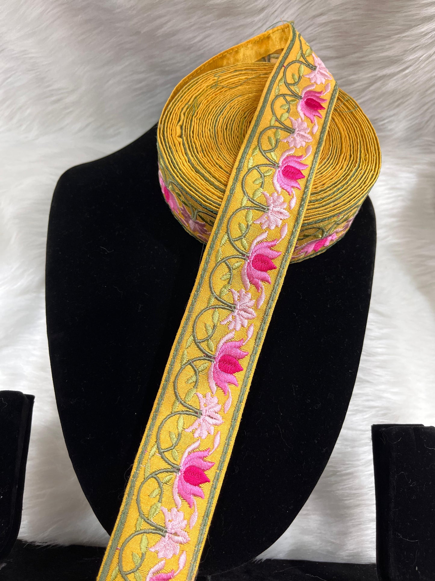 Parsi Work Flower Thread Embroidered Lace – 9 Meters, 1.5-Inch Width, Handcrafted Border Trim | Yellow