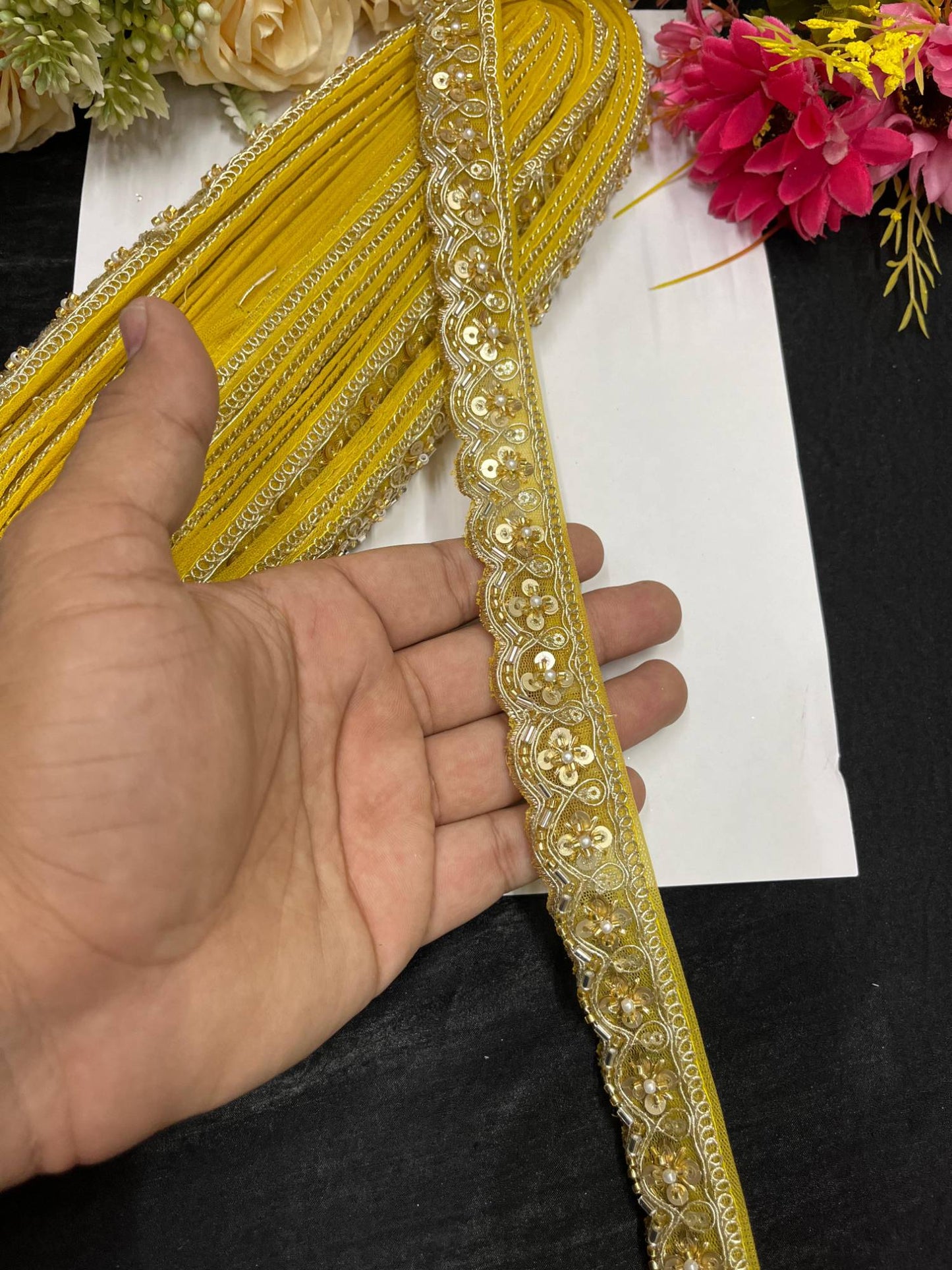 Handcrafted Katdana Saree Laces – 9 Meters, 1-Inch Maggam Work Embellished Border for Sarees, Lehengas & Dupattas | Yellow