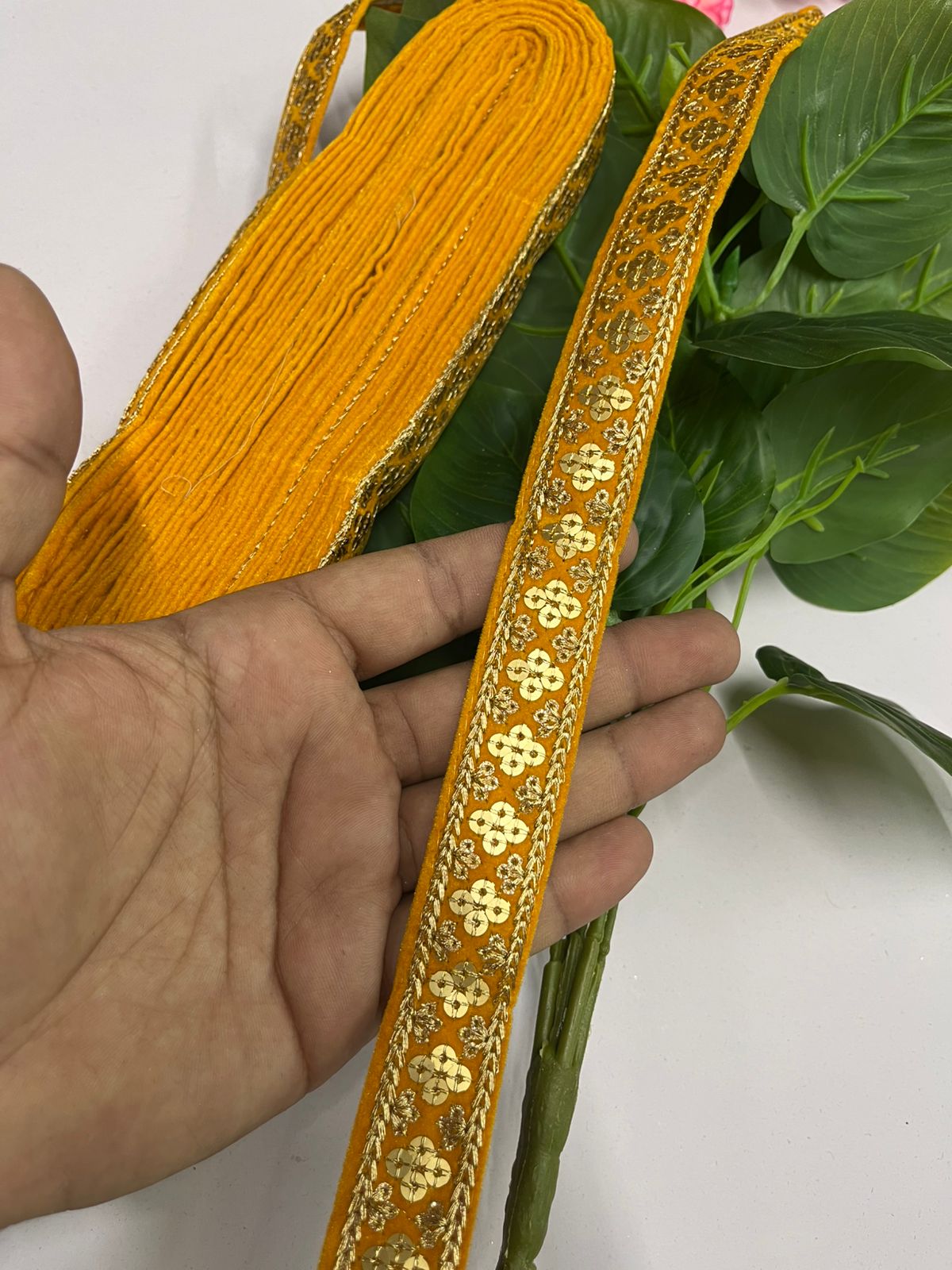 Zari Sequins Embellished Velvet Embroidered Saree Lace | Sari Velvet Fabric Lace Border (9 Mtr) | Yellow