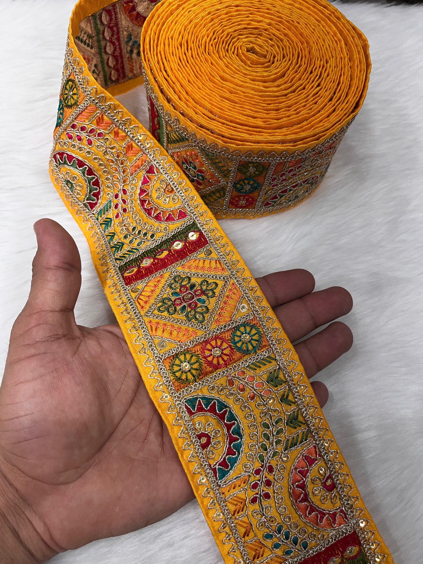 3 Inch Indian Saree Lace Border Embroidered Trim – Floral Decorative Ribbon for Art Quilts & Craft Projects (9 Meter) | Yellow